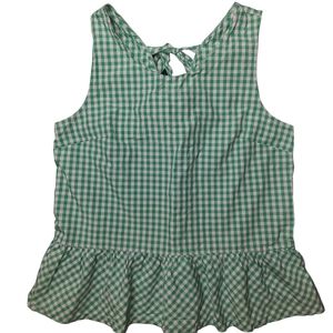 J Crew Green Gingham Check Back-tie Flounce Hem Tank Top SZ M